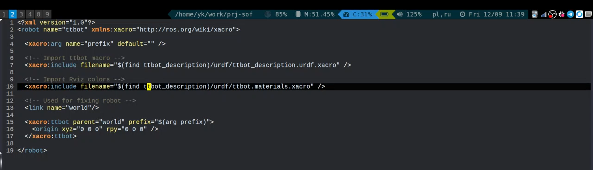 Xacro file importing modular robot and material macros for URDF in ROS 2